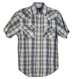 RK Brand Mens Shirt Size Small Western Pearl Snap 2 Pocket Blue Plaid Short Slv